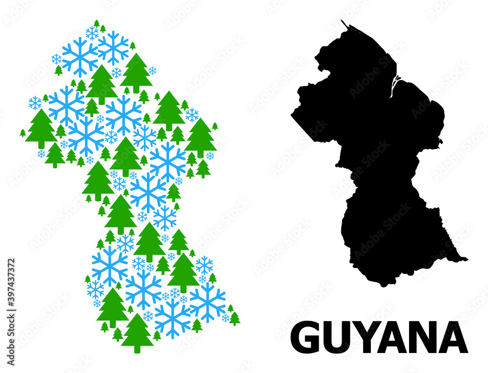 Obraz premium Vector composition map of Guyana organized for New Year, Christmas, and winter. Mosaic map of Guyana is organized with snow flakes and fir forest.