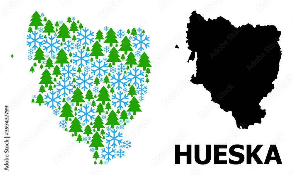 Vector mosaic map of Hueska Province created for New Year, Christmas, and winter. Mosaic map of Hueska Province is constructed from snow flakes and fir-trees.