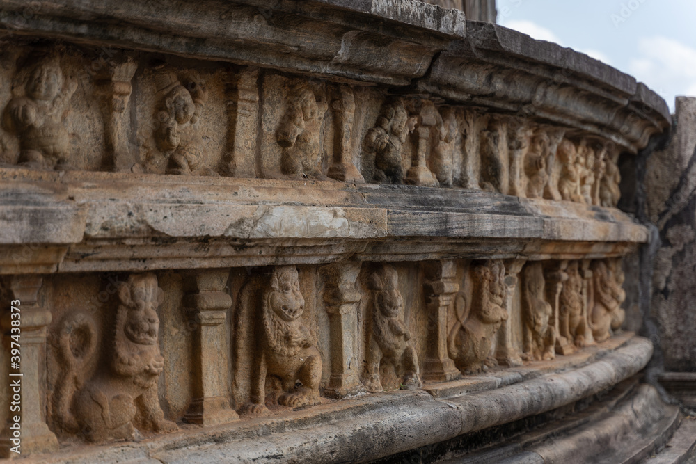 Decor on stone of temples wall  in Polonnaruwa. Sri Lanka