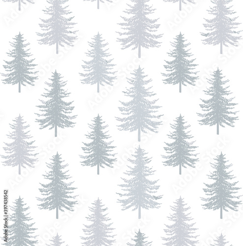 Christmas tree seamless pattern. Noel watercolor print  New year winter holiday decoration  silver christmas background with firs and white snow  wallpaper  wrapping paper design