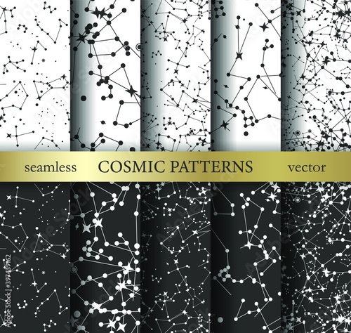 Collection of stars patterns. Vector stellar constellation set. Cosmic pattern. Space zodiacal universe background set. Astronomy Astrology objects pack. For design, wrapping, textile, cover etc.