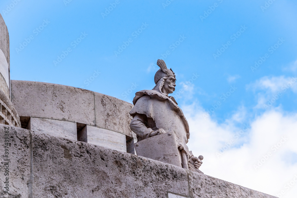The statue of a medieval knight in the Fisherman's Bastion in Budapest, located in the Buda Castle, built in the Neo-Romanesque style in 1895