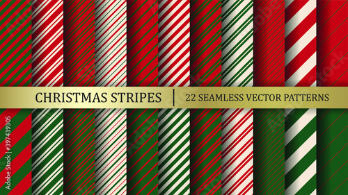 Pack of Christmas Candy Cane Stripes Vector Patterns. Set of Classic Winter Holiday Mint Candy Treat. Collection of Red Green White Striped Backgrounds. Variable Thickness Diagonal Lines