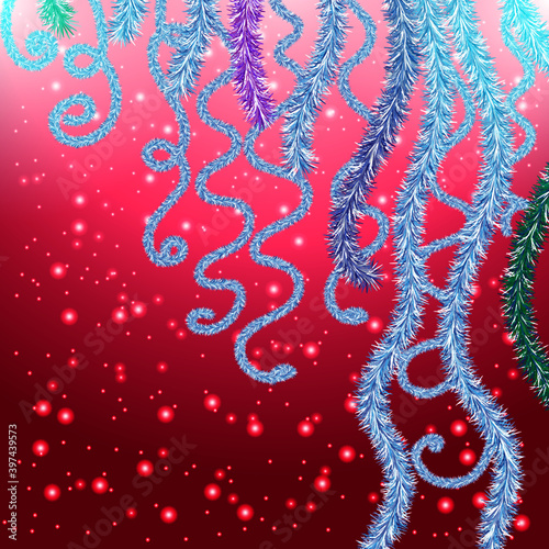 blue,purple, green tinsel, tinsel of different sizes, hanging from the top, maroon background and flying snowflakes