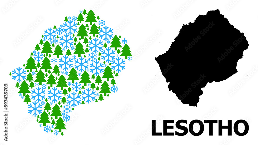 Vector mosaic map of Lesotho created for New Year, Christmas, and winter. Mosaic map of Lesotho is shaped with snow and fir trees. Winter related items are grouped into abstract mosaic map of Lesotho.