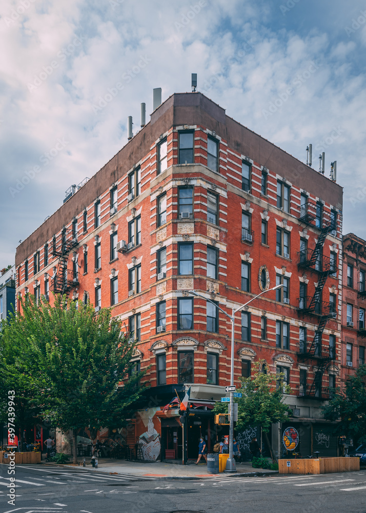 Architecture at the intersection of Avenue A and 13th Street, in the East Village, Manhattan, New York City