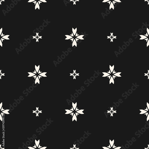 Simple floral pattern. Vector minimalist seamless texture with small flower shapes. Abstract minimal geometric monochrome background. Black and white repeat design for print, textile, decor, wrapping
