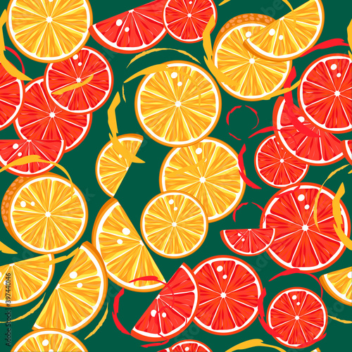 Citrus slices seamless pattern in yellow and red colors on the green background.