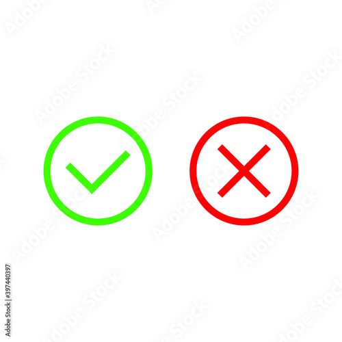 icons of green check mark and red cross on a white background, vector illustration