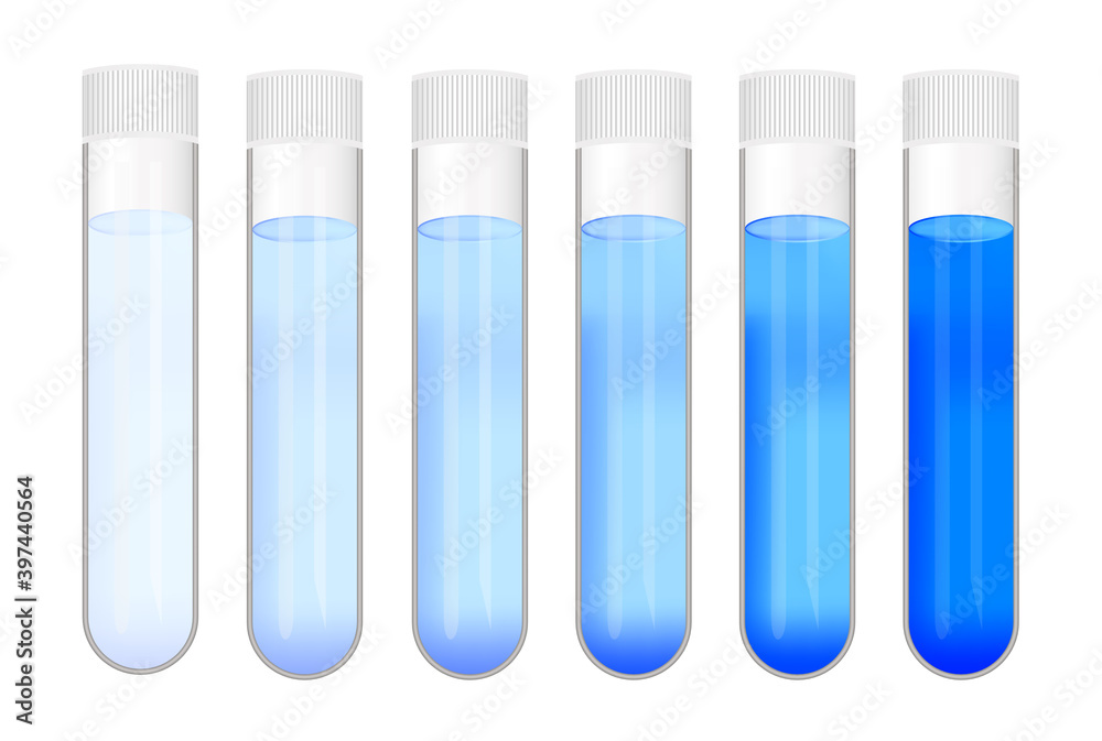 Vector set of laboratory test tubes with different concentrations of blue substance solution. Color gradient from light to dark. Laboratory glassware with calibration standard isolated on white. Vector set of laboratory test tubes with different concentrations of blue substance solution. Color gradient from light to dark. Laboratory glassware with calibration standard isolated on white.
