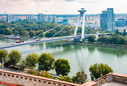 Photography Bridge over the Danube river and aerial view of Bratislava, Slovakia
