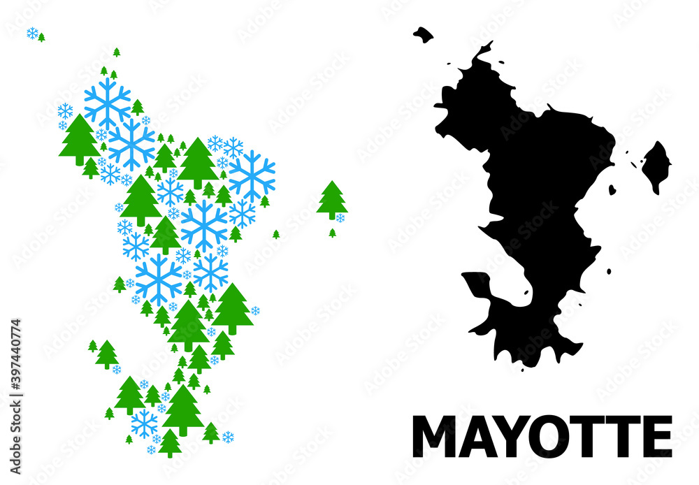 Obraz premium Vector mosaic map of Mayotte Islands done for New Year, Christmas, and winter. Mosaic map of Mayotte Islands is shaped from snow and fir forest.