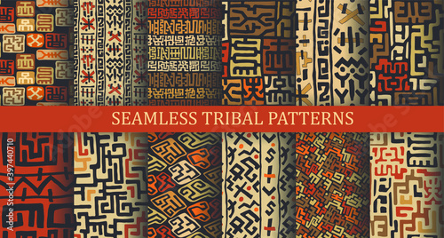 Set seamless vector African patterns. Collection of tribal backgrounds. Hand drawn lines pattern. 10 eps design. For fabric, textile, wrapping, cover etc.  photo