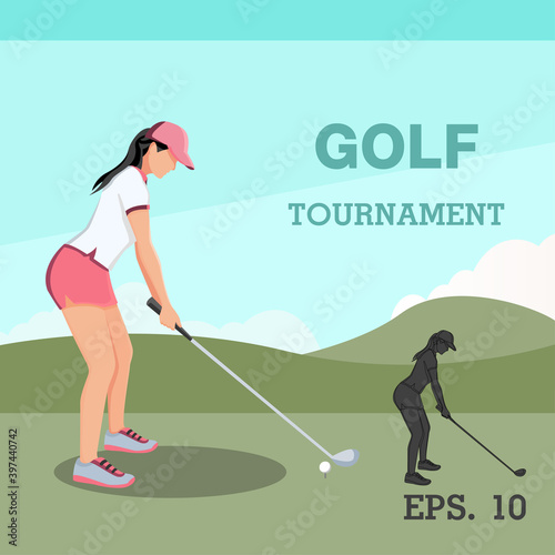 Golf playing. women training with golf clubs on green grass, cartoon vector illustration. female character in different position.