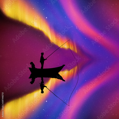 Man with dog in boat at night. Fisherman silhouette. Aurora borealis