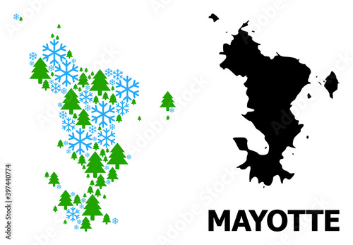 Vector mosaic map of Mayotte Islands done for New Year, Christmas, and winter. Mosaic map of Mayotte Islands is shaped from snow and fir forest.