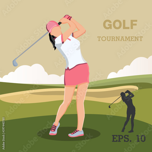 Golf playing. women training with golf clubs on green grass, cartoon vector illustration. female character in different position.