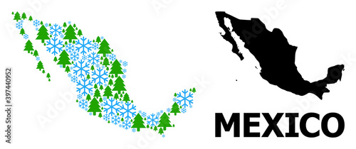 Vector mosaic map of Mexico constructed for New Year, Christmas, and winter. Mosaic map of Mexico is constructed of snow and fir forest.
