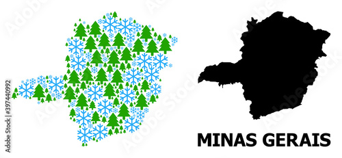Vector mosaic map of Minas Gerais State done for New Year, Christmas, and winter. Mosaic map of Minas Gerais State is done from snow and fir trees.