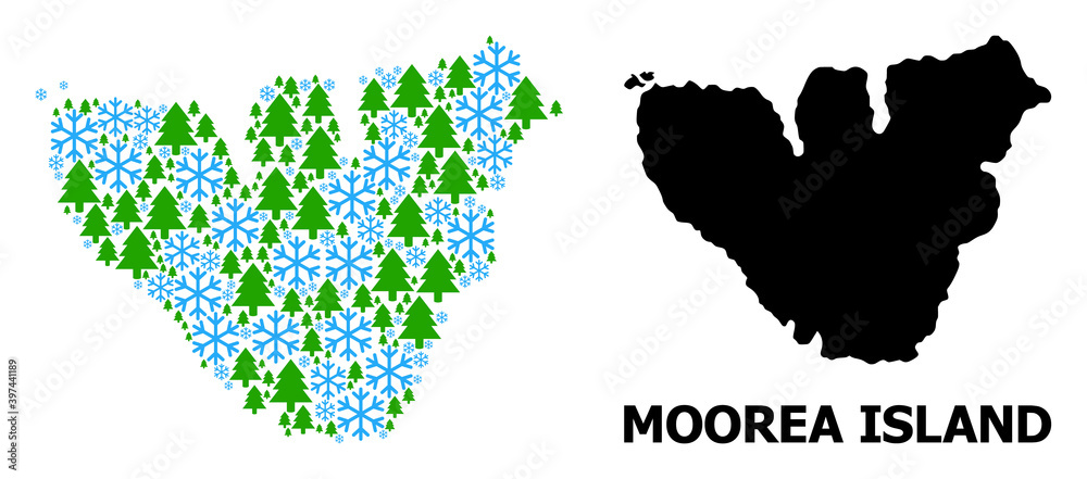Obraz premium Vector mosaic map of Moorea Island created for New Year, Christmas, and winter. Mosaic map of Moorea Island is shaped from snowflakes and fir-trees.