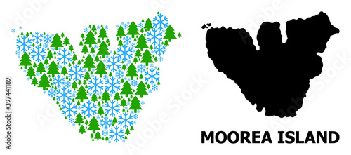 Vector mosaic map of Moorea Island created for New Year, Christmas, and winter. Mosaic map of Moorea Island is shaped from snowflakes and fir-trees.