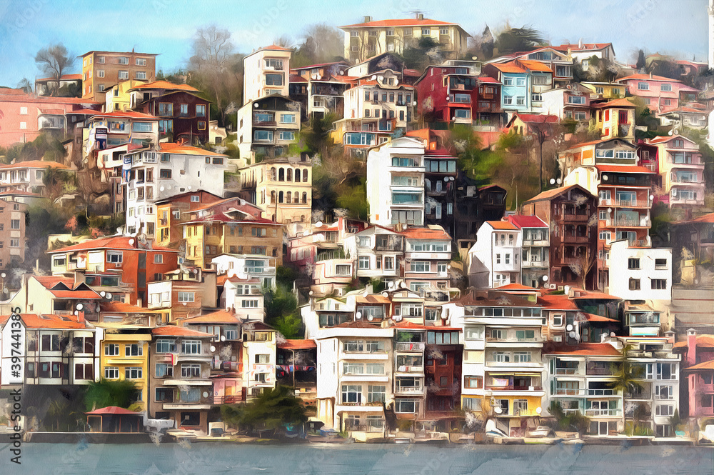 Cityscape of Istanbul from the water colorful painting looks like picture.