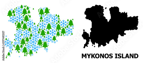 Vector collage map of Mykonos Island organized for New Year  Christmas  and winter. Mosaic map of Mykonos Island is organized with snowflakes and fir trees.