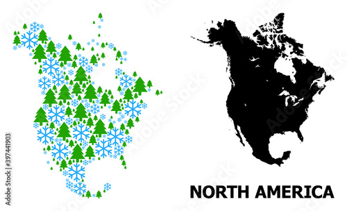 Vector mosaic map of North America done for New Year, Christmas, and winter. Mosaic map of North America is done with snow and fir-trees.