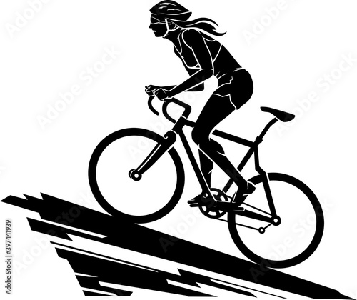 Canvas Print Female Bike Ride Uphill, Silhouette Illustration