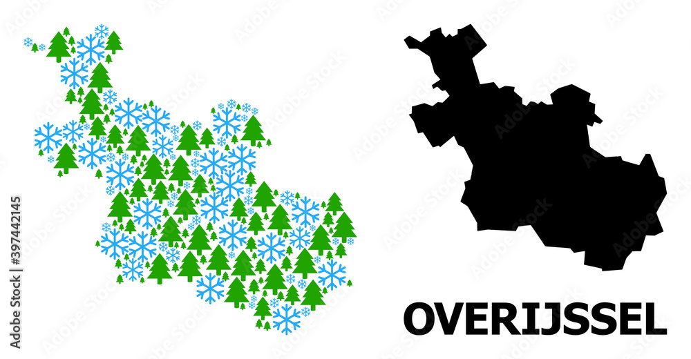 Vector mosaic map of Overijssel Province designed for New Year, Christmas, and winter. Mosaic map of Overijssel Province is designed from snow flakes and fir-trees.