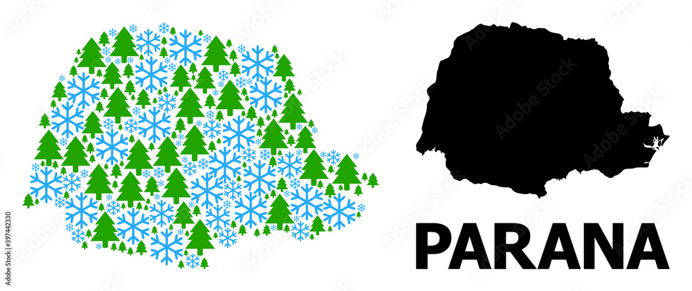 Obraz premium Vector mosaic map of Parana State organized for New Year, Christmas, and winter. Mosaic map of Parana State is shaped with snow flakes and fir forest.
