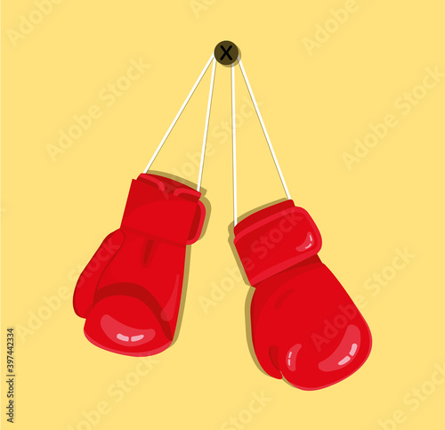 Red boxing gloves hanging on the wall nail, Modern design icon.
