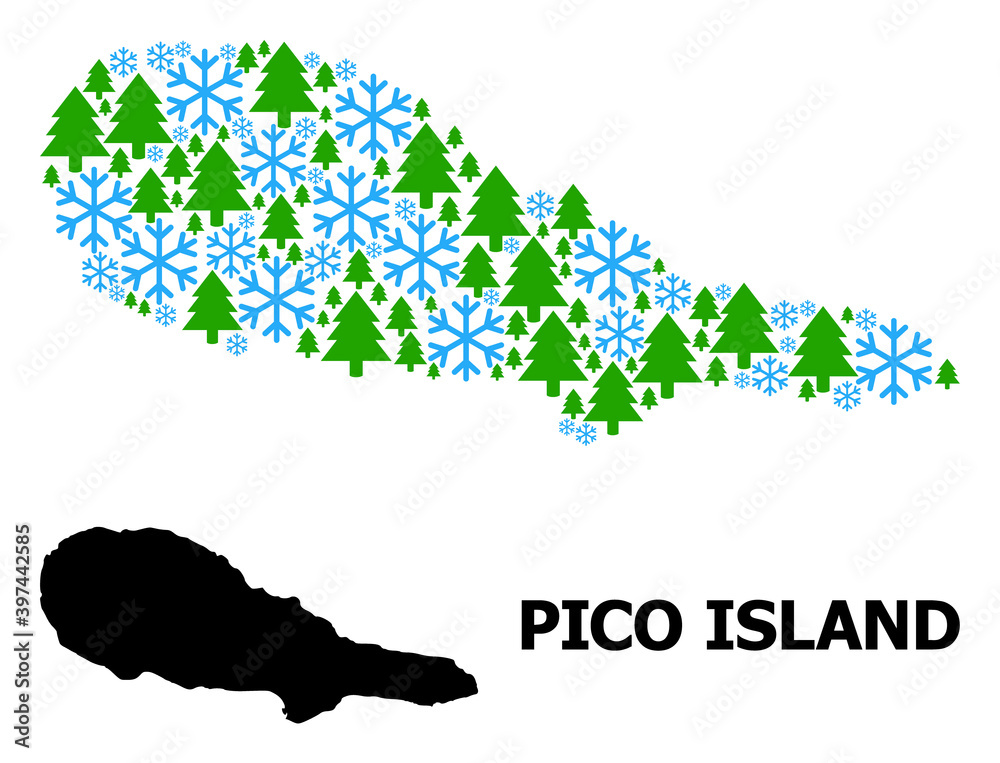 Vector mosaic map of Pico Island constructed for New Year, Christmas, and winter. Mosaic map of Pico Island is shaped of snowflakes and fir-trees.