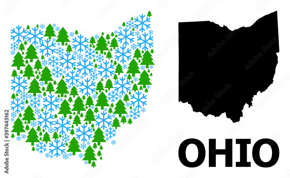 Obraz premium Vector mosaic map of Ohio State done for New Year, Christmas, and winter. Mosaic map of Ohio State is done of snow flakes and fir-trees.