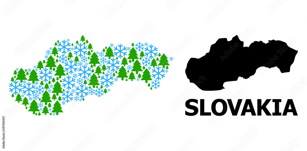 Vector mosaic map of Slovakia done for New Year, Christmas, and winter. Mosaic map of Slovakia is done of snowflakes and fir forest.
