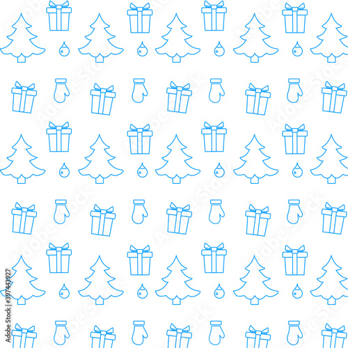 Happy new year 2021, Merry Christmas vector seamless pattern with Christmas tree, gifts, Christmas tree toys, Christmas gloves. Design for wrapping, fabric, print.