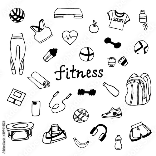 Set of drawn fitness, gym, activity lifestyle concepts. Doodle sketch style.