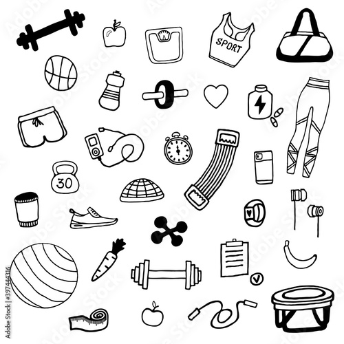 Set of fitness elements drawn in doodle style.