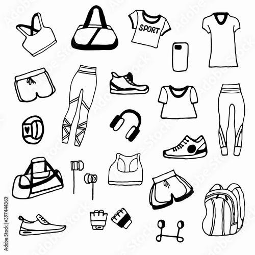 Elements of clothing for fitness and sports. Drawing in the style of doodle.