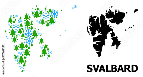 Vector mosaic map of Svalbard Islands organized for New Year, Christmas, and winter. Mosaic map of Svalbard Islands is organized with snow and fir trees.