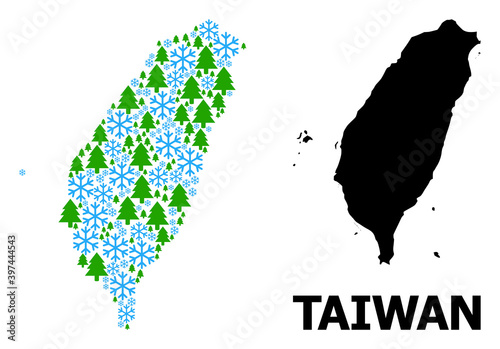Vector mosaic map of Taiwan combined for New Year, Christmas, and winter. Mosaic map of Taiwan is designed of snow flakes and fir-trees.