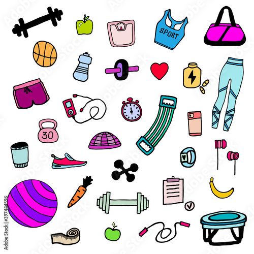 Set of vector elements of sports paraphernalia. Doodle drawing style.