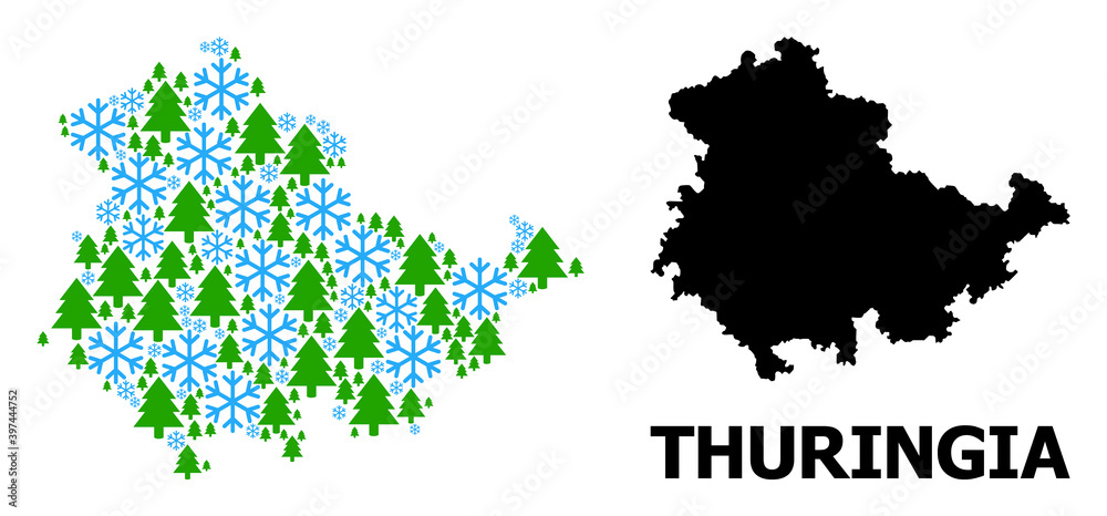 Vector mosaic map of Thuringia State designed for New Year, Christmas, and winter. Mosaic map of Thuringia State is designed of snowflakes and fir trees.