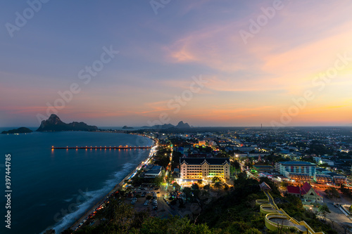 Beautiful city landscape from the viewpoint on top mountain at Prachuap Khiri Khan Province, Thailand.