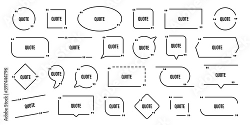 Quotation frame box vector illustration. Quote mark symbol icon set. Quoted text bubble shape isolated sign. Black quote textbox on white background. vector stock citation frame