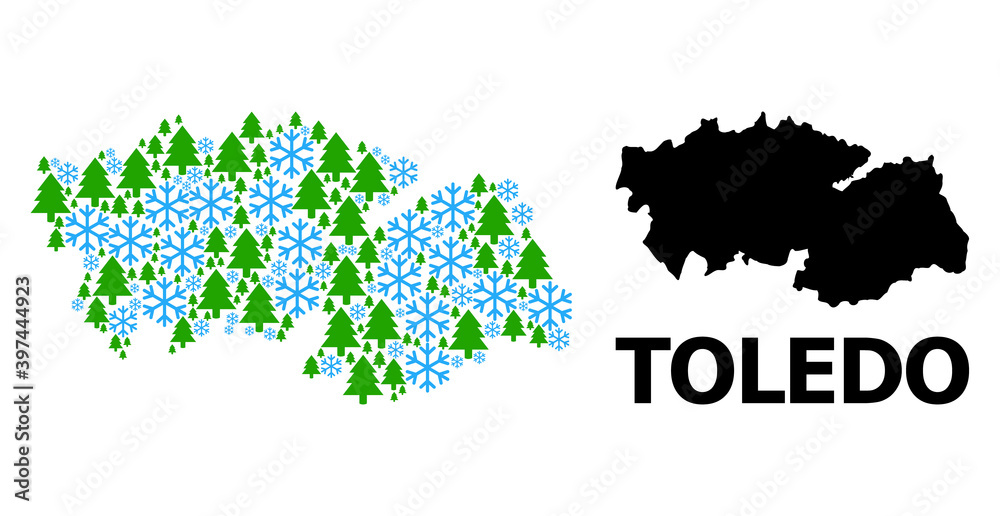 Obraz premium Vector mosaic map of Toledo Province combined for New Year, Christmas, and winter. Mosaic map of Toledo Province is formed from snow and fir-trees.