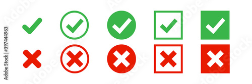 Checkmark vector icon. green tick check mark, red cross. Wrong correct isolated signs white background. x symbol vote logo illustration