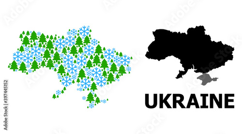 Vector composition map of Ukraine created for New Year  Christmas  and winter. Mosaic map of Ukraine is created of snowflakes and fir-trees.