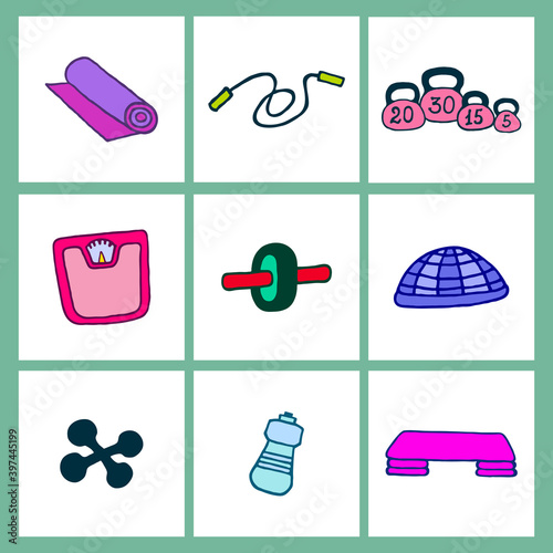 Set of equipment for sports on an isolated background. Doodle drawing style.