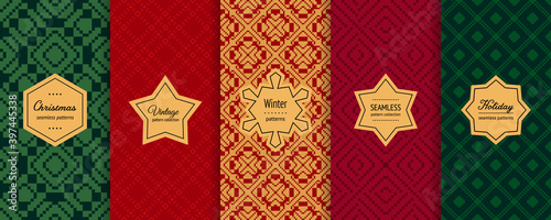 Christmas vector seamless patterns collection. Set of holiday background swatches with elegant labels. Winter Nordic Scandinavian style abstract ornament. Design for decor, print, card, flyer, banner